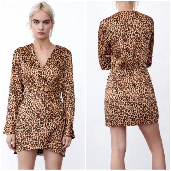 ZARA•long sleeve leopard print faux wrap mini satin dress Small NWT - Picture 3 of 5